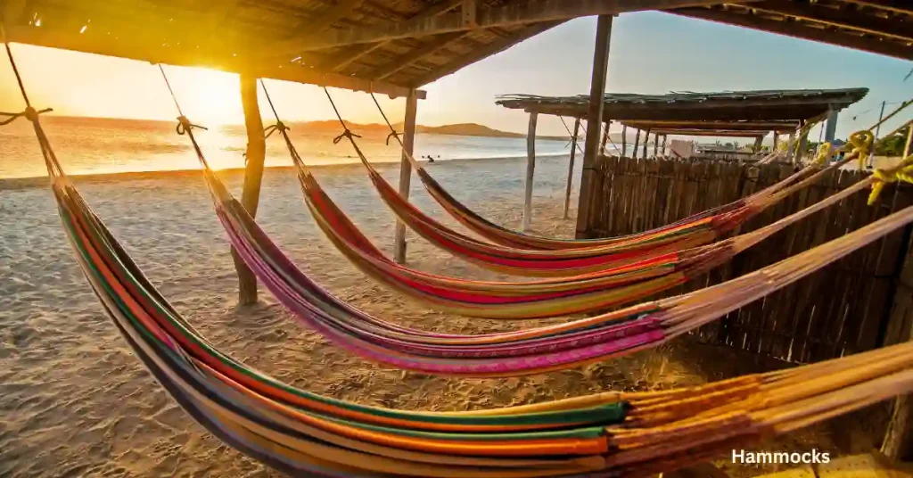 Brightly colored handwoven hammock in Cancun's local market.