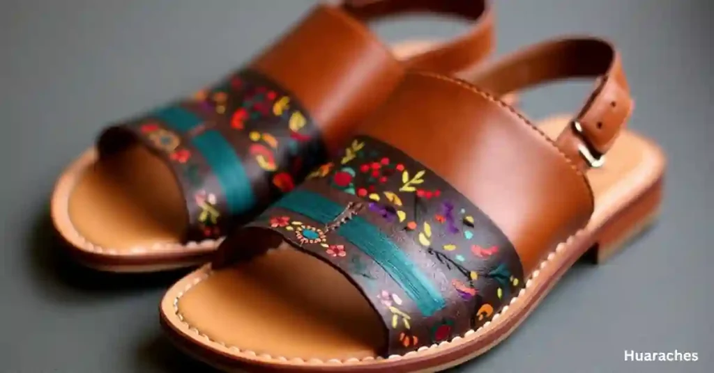 Handmade leather huaraches displayed in a Cancun shop.