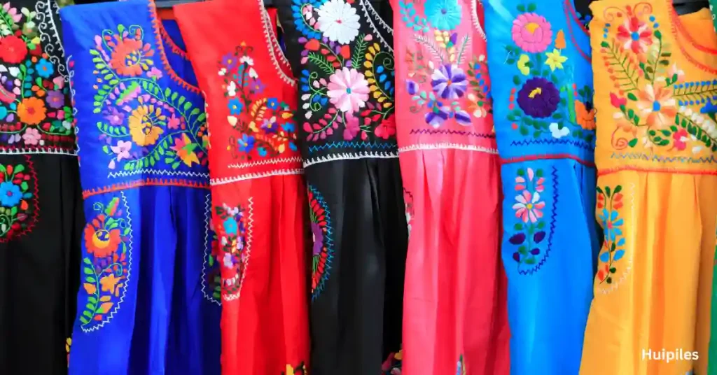 Embroidered huipiles, traditional Mexican dresses for sale.