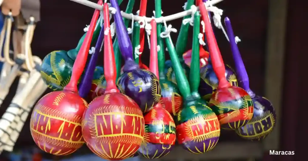 Traditional maracas displayed at a Cancun souvenir shop.