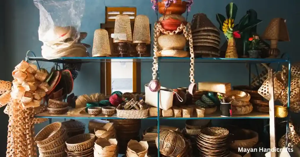 Hand-carved wooden Mayan handicrafts at a local market.