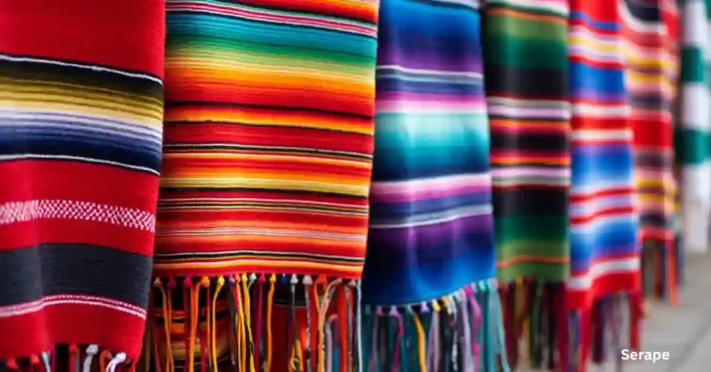 Vibrant Mexican serape blankets hanging at a market stall