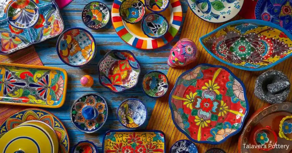 Colorful Talavera pottery on display at a local market in Cancun.