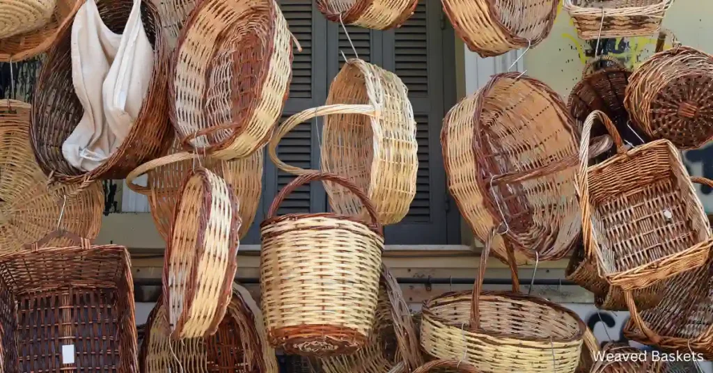 Traditional Mexican weaved baskets for sale at a local market.