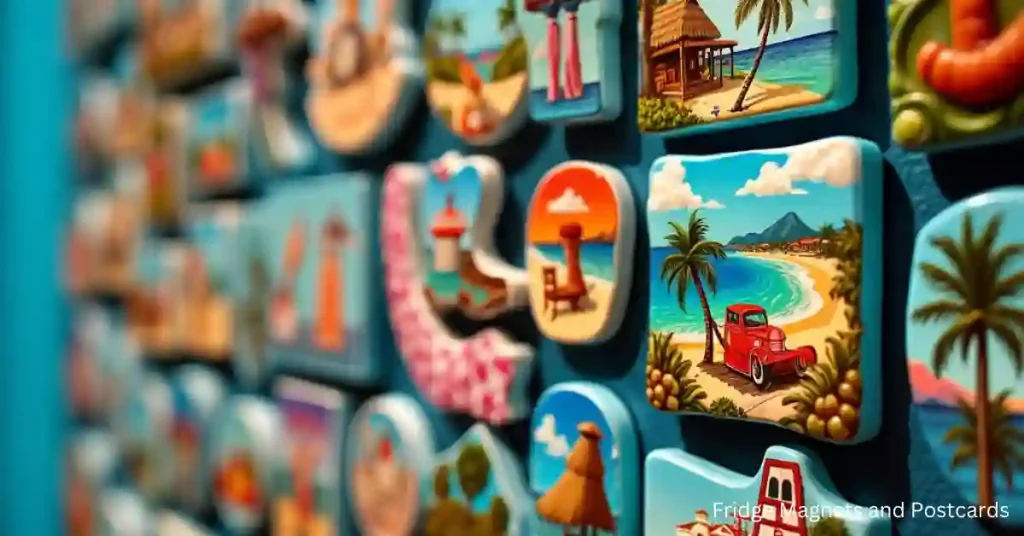 Cancun-themed fridge magnets and postcards.