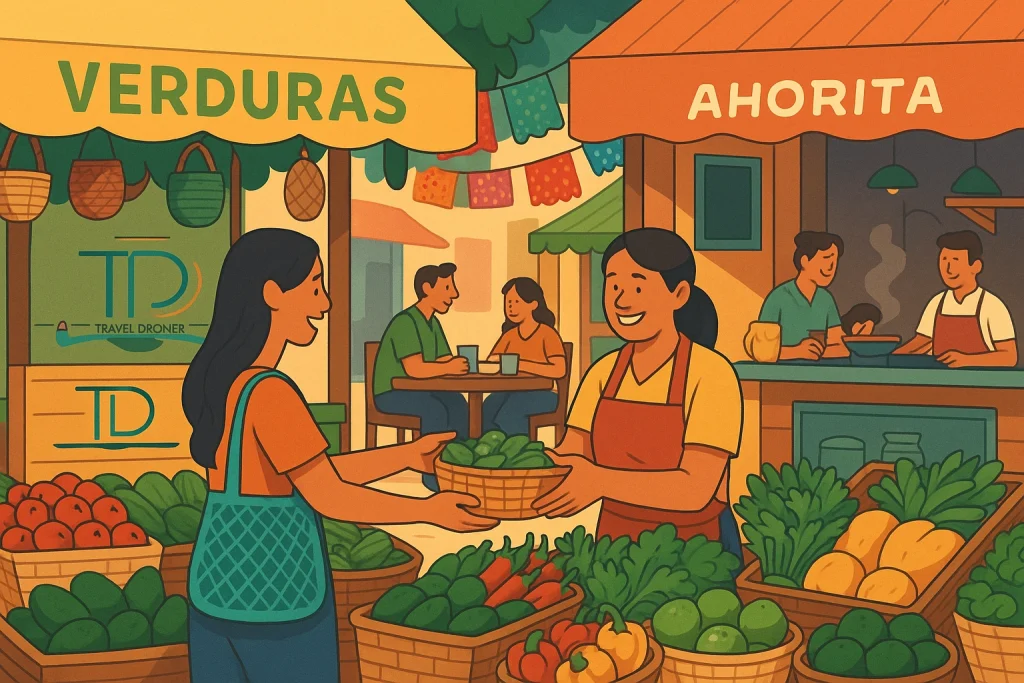 Colorful Mexican market with fresh produce, food stalls, and Travel Droner logo.